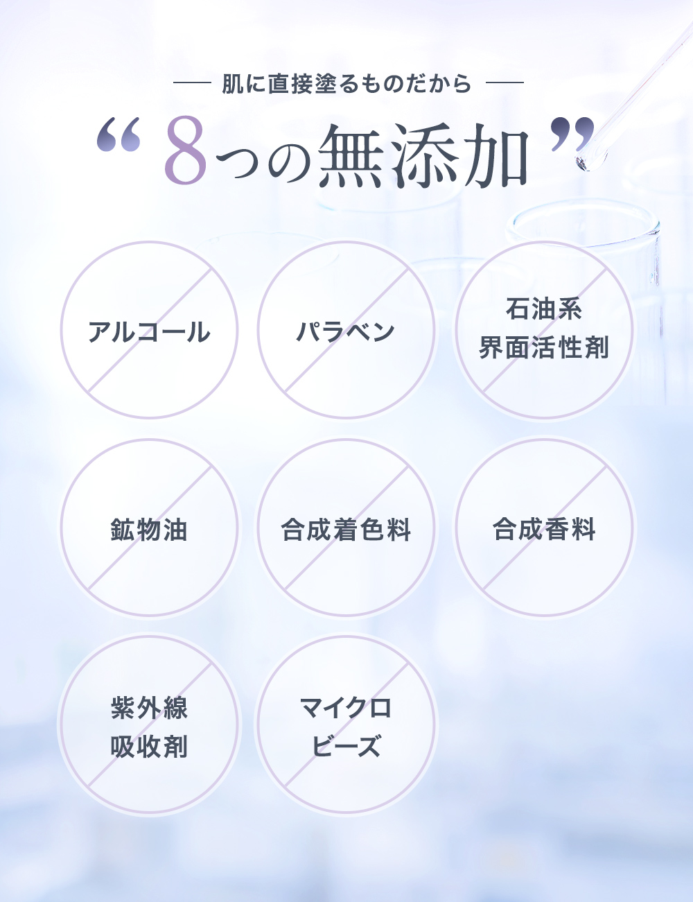【8つの無添加】アルコ一ル・パラベン・石油系界面活性剤・鉱物油・合成着色料・香料・紫外線吸收剤・マイクロビ一ズ